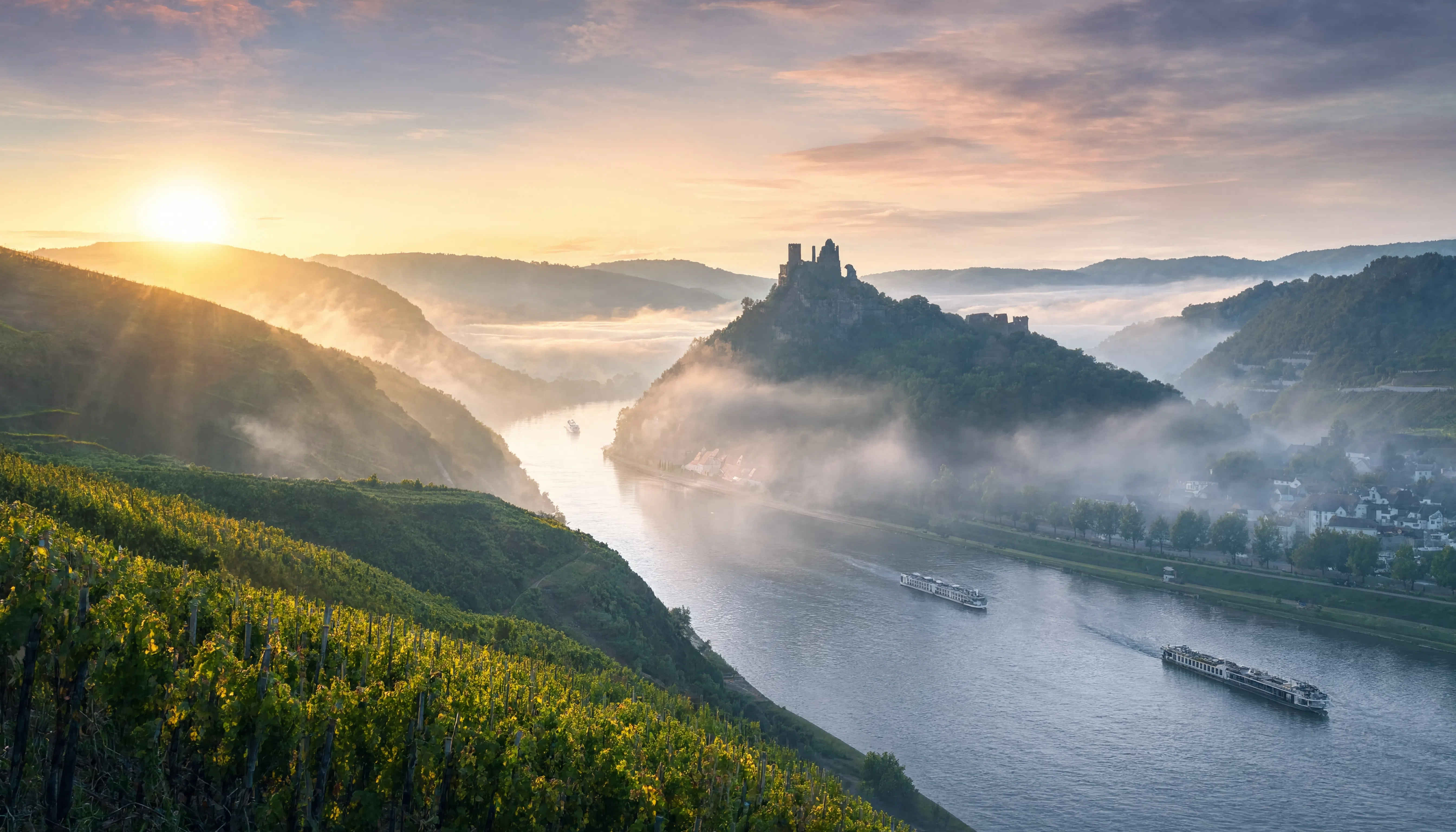 Morgennebel über dem Rheintal bei Sonnenaufgang