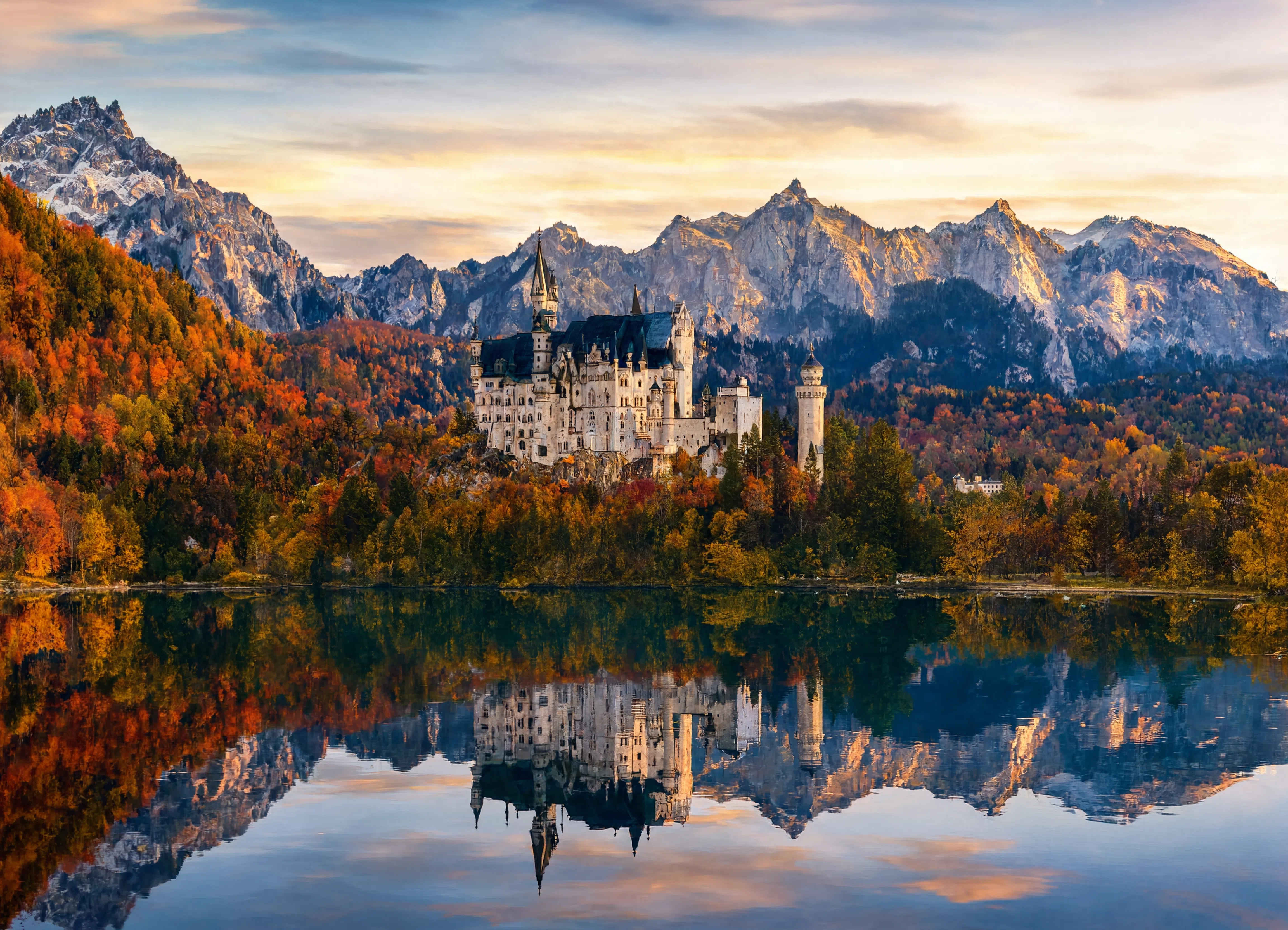 Schloss Neuschwanstein im bayerischen Alpenvorland, umgeben von herbstlichen Wäldern