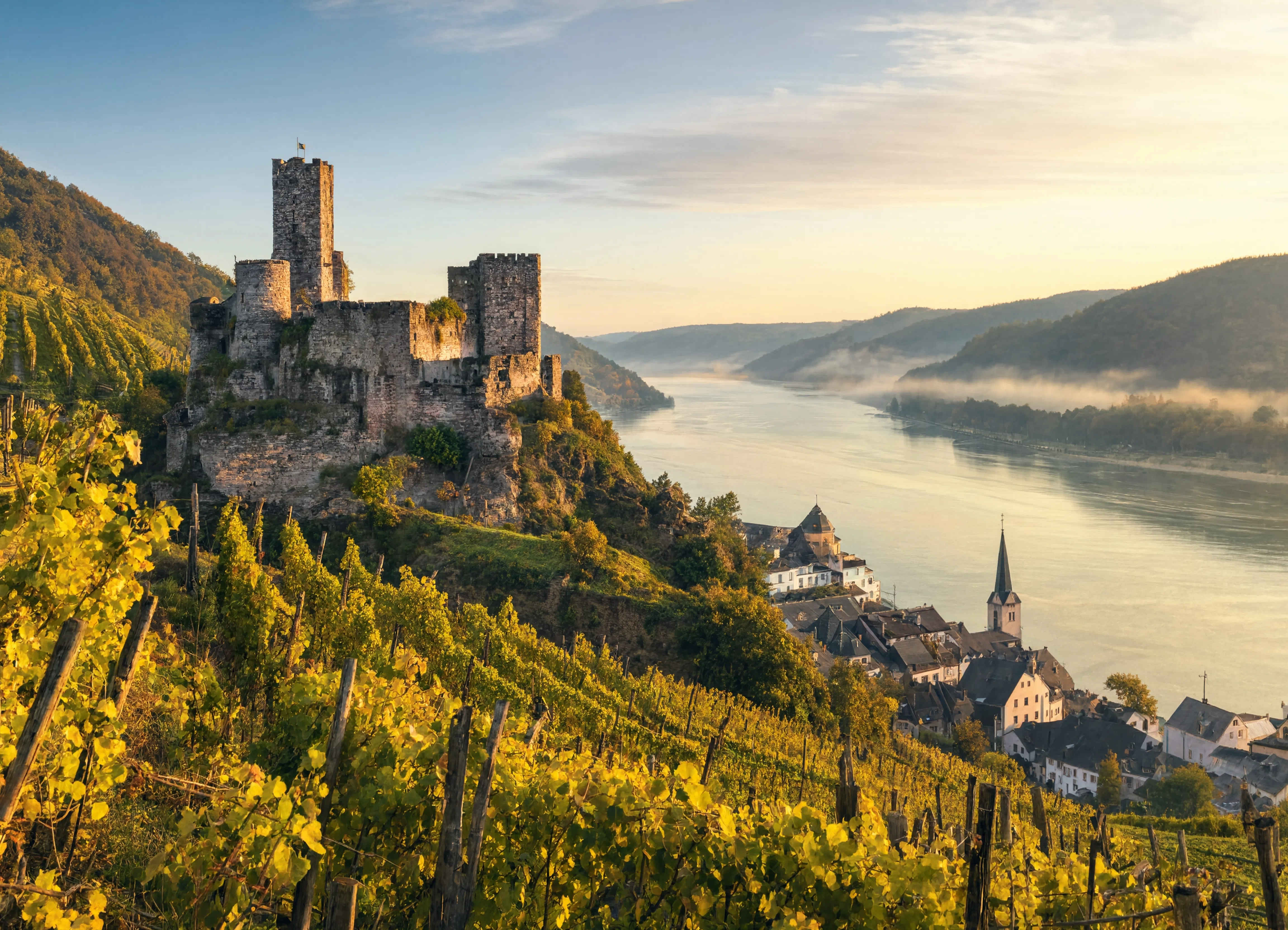 Romantisches Rheintal mit Burgen, Weinbergen und dem mächtigen Fluss im Morgenlicht